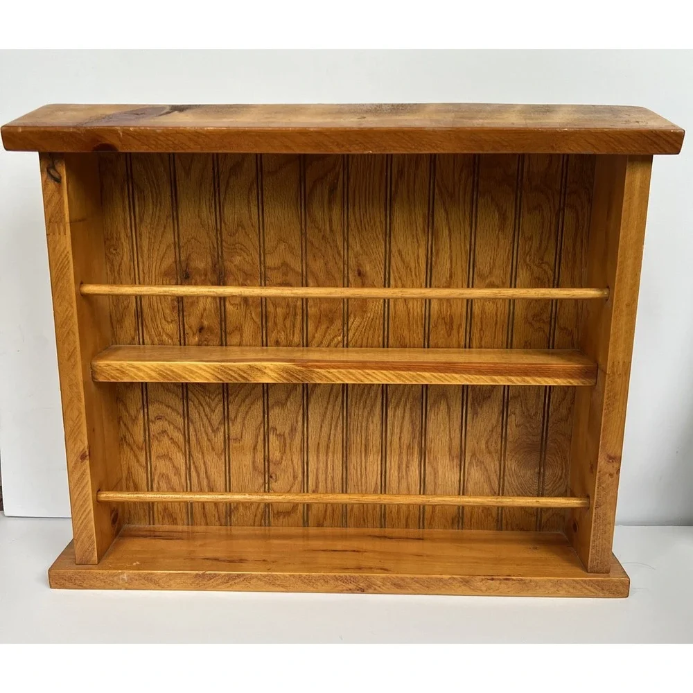 VTG Wood Wall Shelf Spice Rack Rustic Farmhouse Hanging Display 20x16 w/ Rails